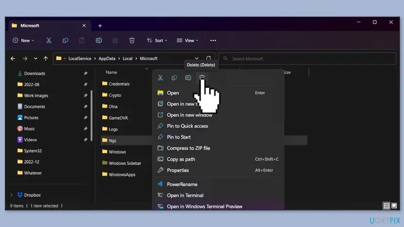 Windows 11 File Explorer in LocalService AppData Local Microsoft with the Ngc folder selected and its right-click menu open