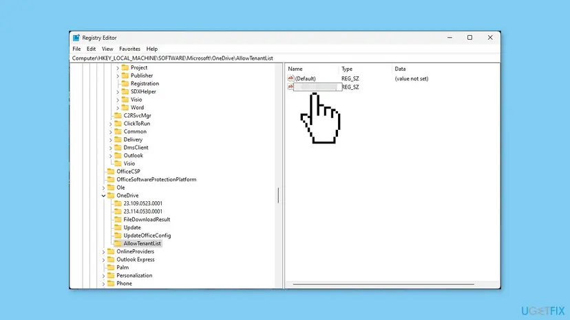 Registry Editor with an AllowTenantList key selected in the left tree and a string value of type REG_SZ in the right pane, the tenant ID hidden