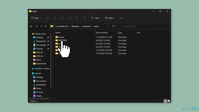 File Explorer on Windows 11 at Local Disk C, Windows, System32, spool, with the folders drivers and PRINTERS in the list