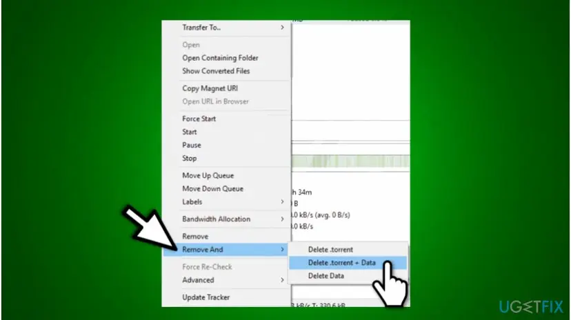 uTorrent right-click menu with Remove And open and Delete .torrent + Data highlighted