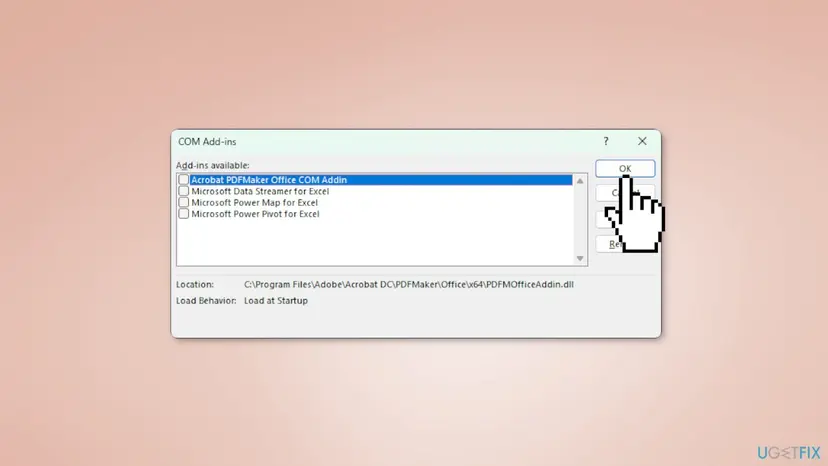 Excel COM Add-ins dialog listing Acrobat PDFMaker Office COM Addin and Microsoft Power Map, Power Pivot and Data Streamer with all check boxes cleared