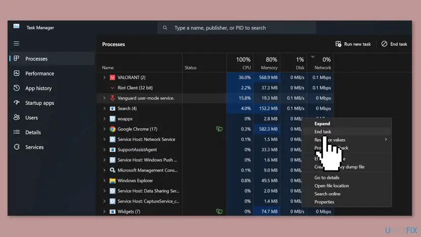 Windows 11 Task Manager Processes tab during play with VALORANT at 36 percent CPU, Riot Client at 2.2 percent and Vanguard user-mode service at 15.8 percent