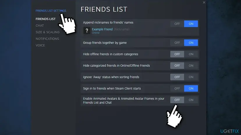 Steam Friends List Settings window with the option Enable Animated Avatars and Animated Avatar Frames in your Friends List and Chat switched to Off
