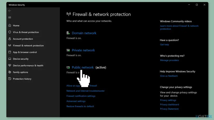 Windows Security on Windows 11, Firewall and network protection page, listing Domain network, Private network and Public network marked active, with the link Allow an app through firewall