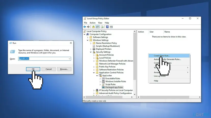 Run box with gpedit.msc and the Local Group Policy Editor open at Security Settings, Application Control Policies, AppLocker, Packaged app Rules with an empty list and a context menu with Create New Rule and Create Default Rules