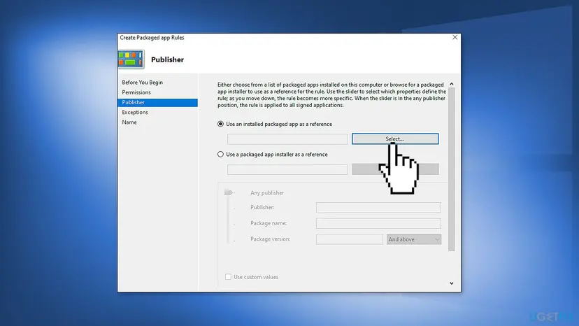 Create Packaged app Rules wizard on the Publisher page with Use an installed packaged app as a reference selected, the Select button and the publisher, package name and version slider