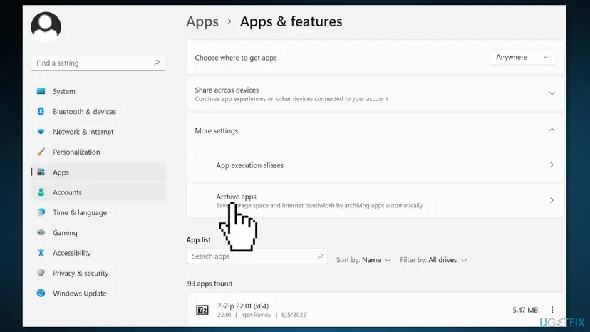 Windows 11 Settings, Apps section with the Archive apps option under the more settings part