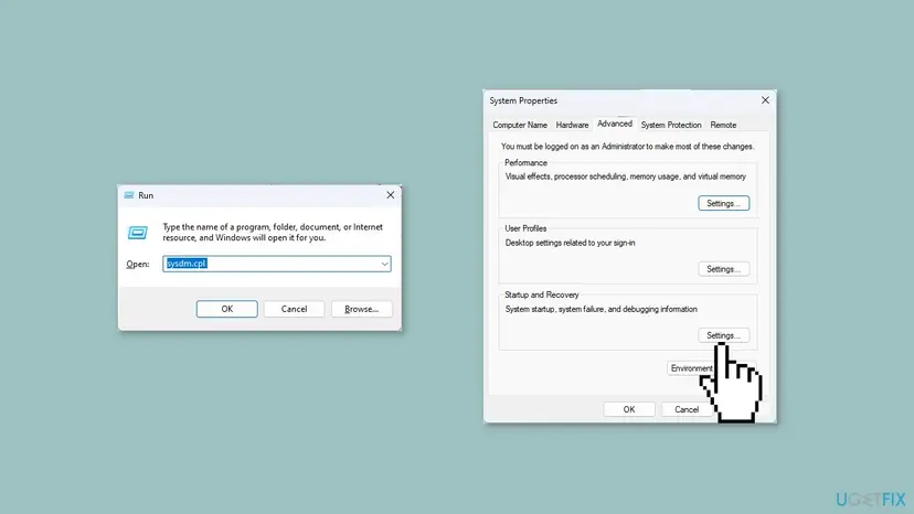 Run dialog with sysdm.cpl entered next to the System Properties window on the Advanced tab