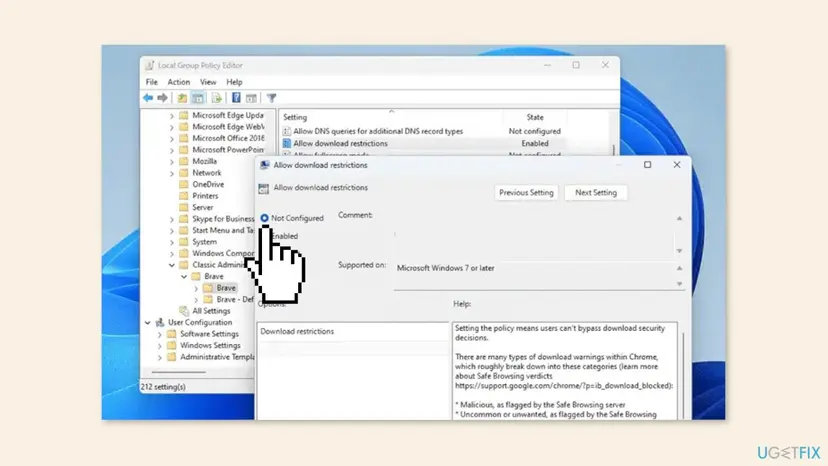 Local Group Policy Editor window configuring Brave download restrictions