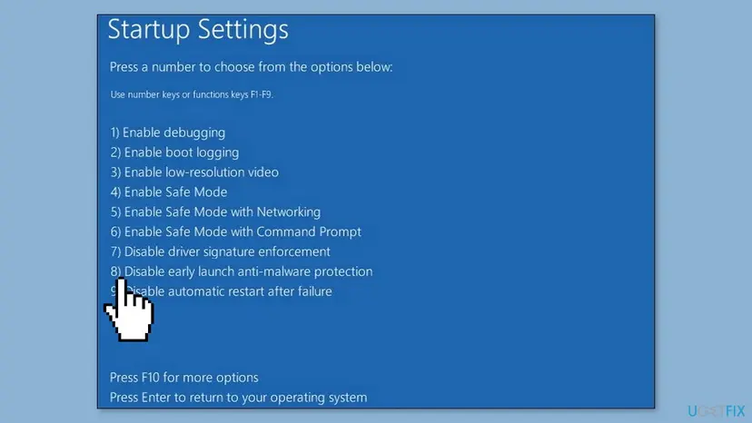 Startup Settings list on Windows 10 with option 8, Disable early launch anti-malware protection, pointed at