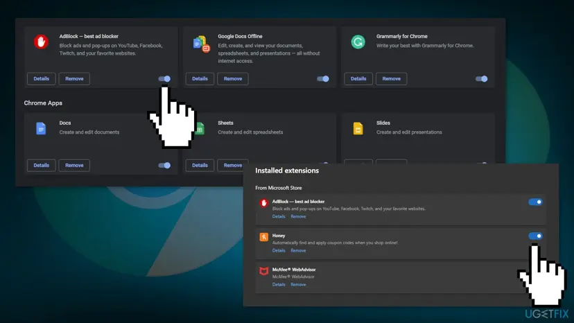 Browser extension management pages showing toggle switches being disabled