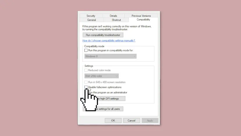 Compatibility tab of a game's .exe file Properties with the Disable fullscreen optimizations check box being ticked
