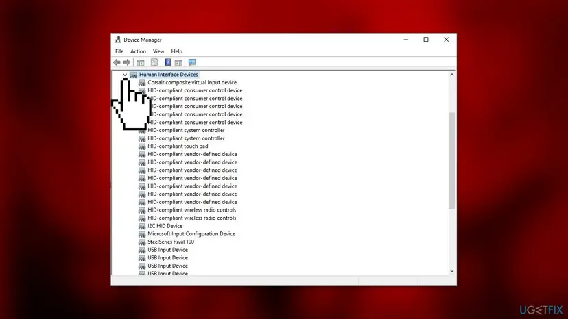 Device Manager with Human Interface Devices expanded, showing five HID-compliant consumer control device entries among other HID entries