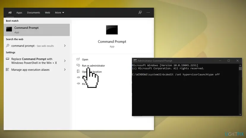Command Prompt search result with Run as administrator highlighted and command entered in the terminal