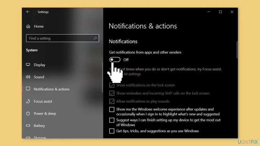 Windows 10 Settings, Notifications and actions page with the Get notifications from apps and other senders switch turned Off