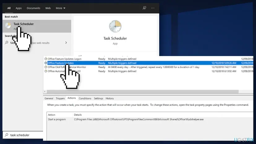 Task Scheduler on Windows 10 with the Office Feature Updates task selected and its Actions tab showing Start a program with the path to sdxhelper.exe under Microsoft Office root VFS ProgramFilesCommonX86