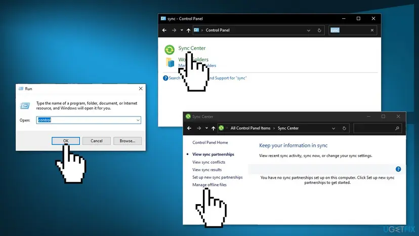 Run box with control typed, Control Panel search for sync showing Sync Center, and Sync Center with the Manage offline files link
