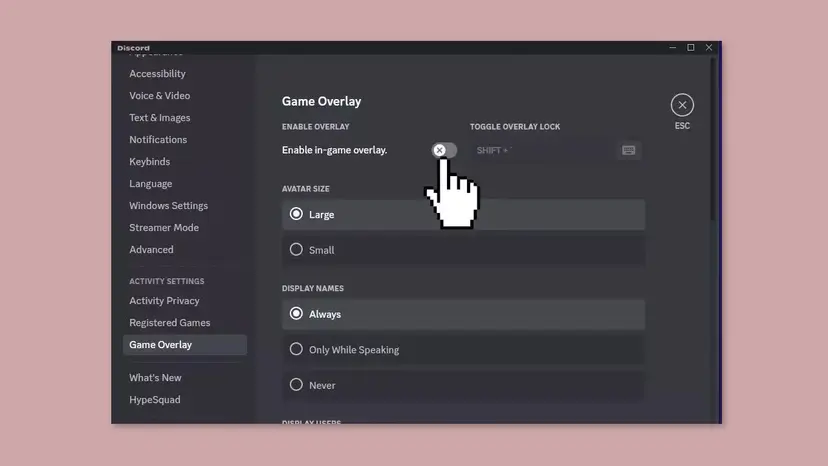 Discord User Settings on the Game Overlay page with the Enable in-game overlay switch being turned off