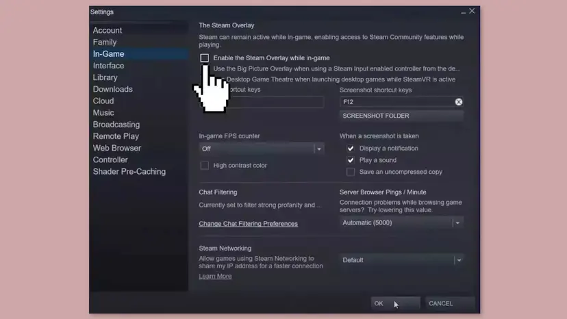 Steam Settings window on the In-Game page with the Enable the Steam Overlay while in-game box cleared