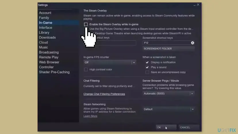 Steam Settings window on the In-Game page with the Enable the Steam Overlay while in-game box cleared