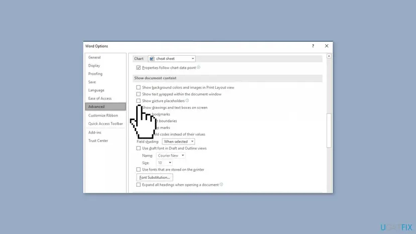 Older Word Options Advanced page with the Show picture placeholders check box cleared under Show document content