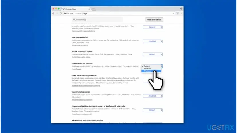 The menu of the Experimental QUIC protocol flag opened with its three choices Default, Enabled and Disabled, and the pointer on Disabled