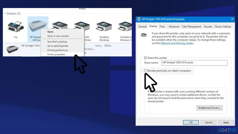 Printer properties Sharing tab with Share this printer ticked and the Render print jobs on client computers checkbox cleared