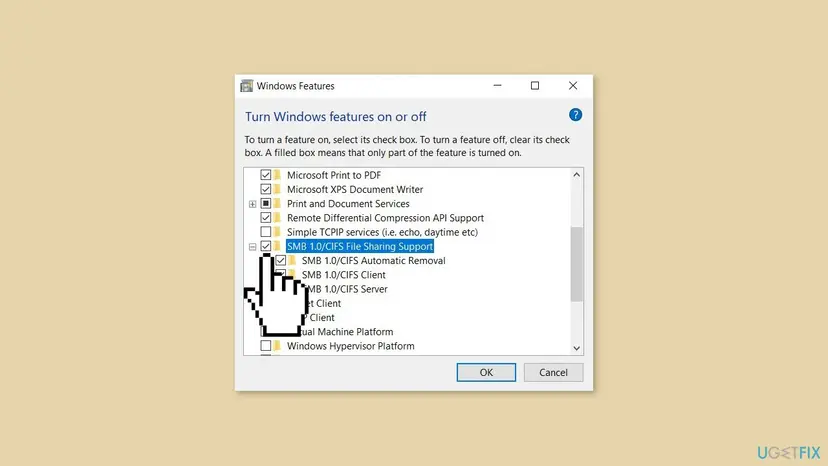 Windows Features dialog with SMB 1.0/CIFS File Sharing Support and its Client, Server and Automatic Removal parts ticked