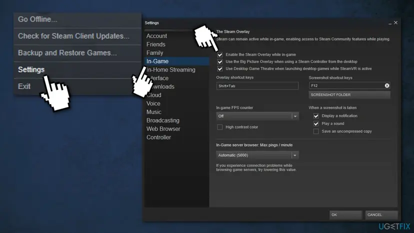 Steam Settings window on the In-Game page with the checkbox Enable the Steam Overlay while in-game at the top
