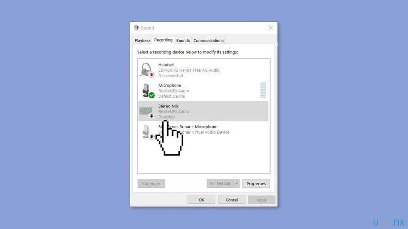 Sound window Recording tab on Windows 10 with Realtek Microphone as Default Device, Stereo Mix disabled, a disconnected Bluetooth headset and a SteelSeries Sonar virtual microphone listed