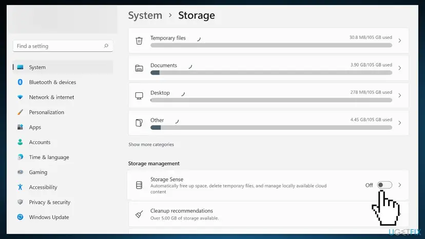 Windows 11 Storage settings page with the Storage Sense switch under Storage management set to Off