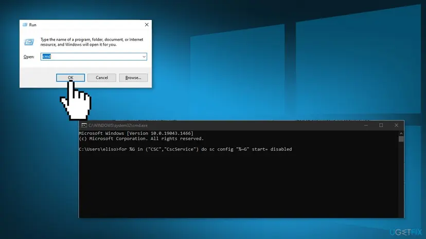 Run box with cmd typed and a Command Prompt window running the for loop that sets CSC and CscService to start disabled