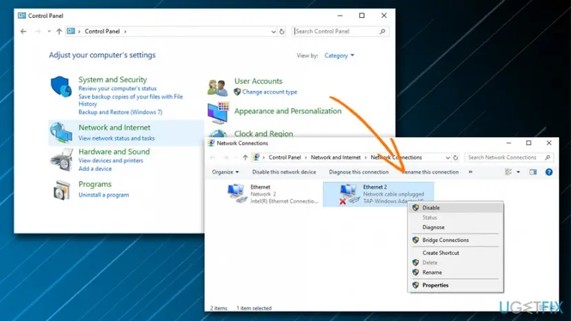 Network Connections window with Ethernet 2 using TAP-Windows Adapter V9, status Network cable unplugged, right-click menu with Disable selected