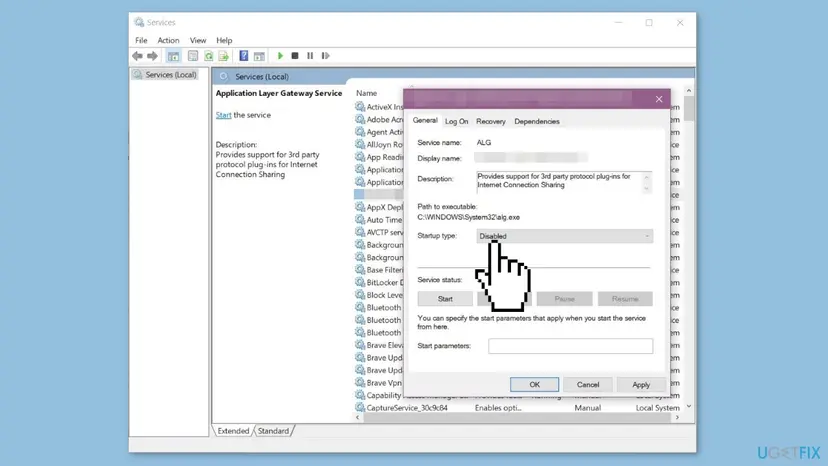 Services window in Windows 10 with the Properties dialog of a service open and the Startup type list set to Disabled