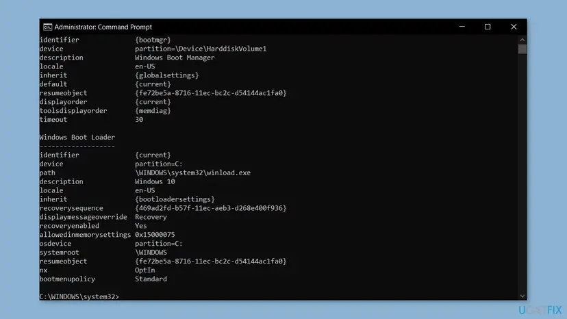 Command Prompt with bcdedit output, showing the Windows Boot Loader entry with identifier current and recoveryenabled Yes