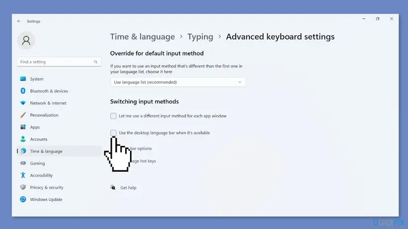 Windows 11 Settings, Time and language, Typing, Advanced keyboard settings page with the box Use the desktop language bar when it's available under Switching input methods