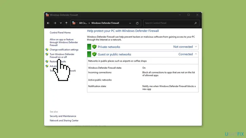 Windows Defender Firewall window in Control Panel with the cursor on the options in the left pane