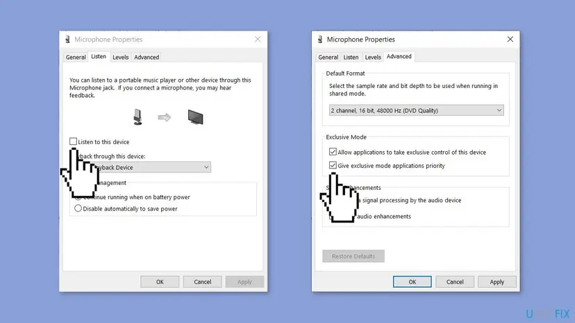 Microphone Properties on Windows 10 with the Listen tab showing the Listen to this device box unticked, and the Advanced tab showing the two Exclusive Mode boxes