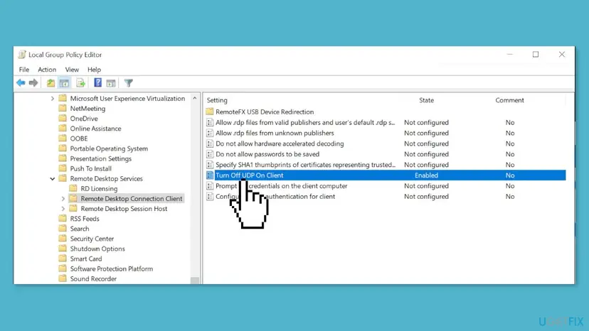 Local Group Policy Editor open at Remote Desktop Connection Client with the policy Turn Off UDP On Client set to Enabled
