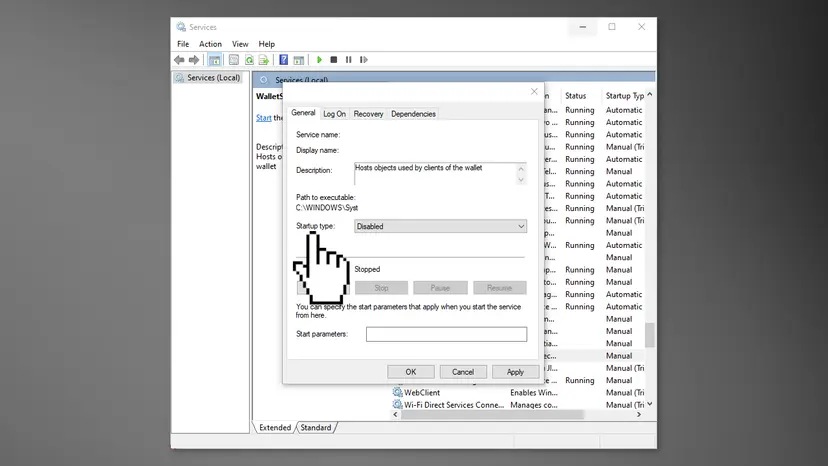 Service Properties window in Services with the Startup type list set to Disabled and the service status shown as Stopped
