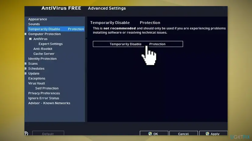 Advanced Settings window of an antivirus program showing the Temporarily Disable Protection option