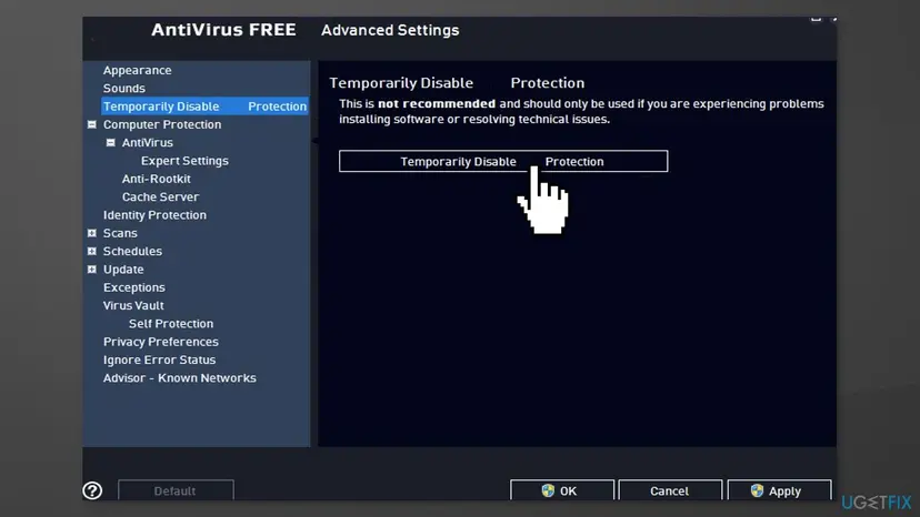 Advanced settings window of an older third-party antivirus with the option Temporarily Disable Protection selected and a note that it is not recommended