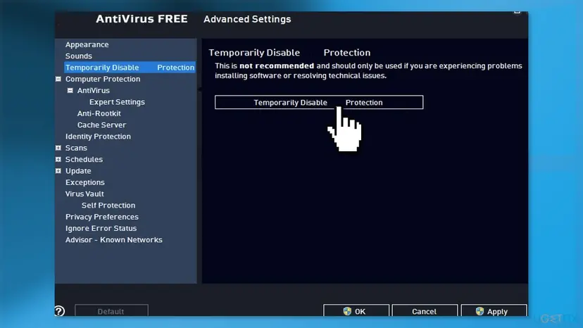 Disable third party security software