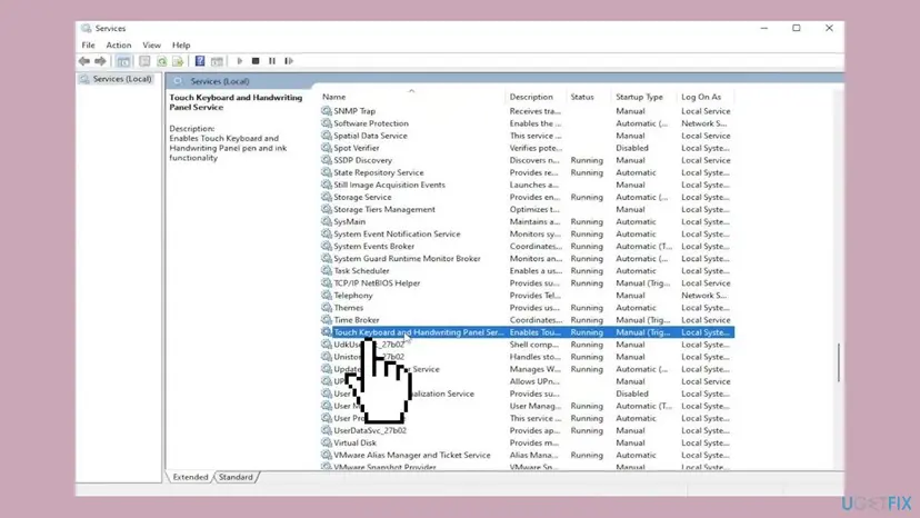 Services window with Touch Keyboard and Handwriting Panel Service selected, its status Running and its startup type Manual (Trigger Start)