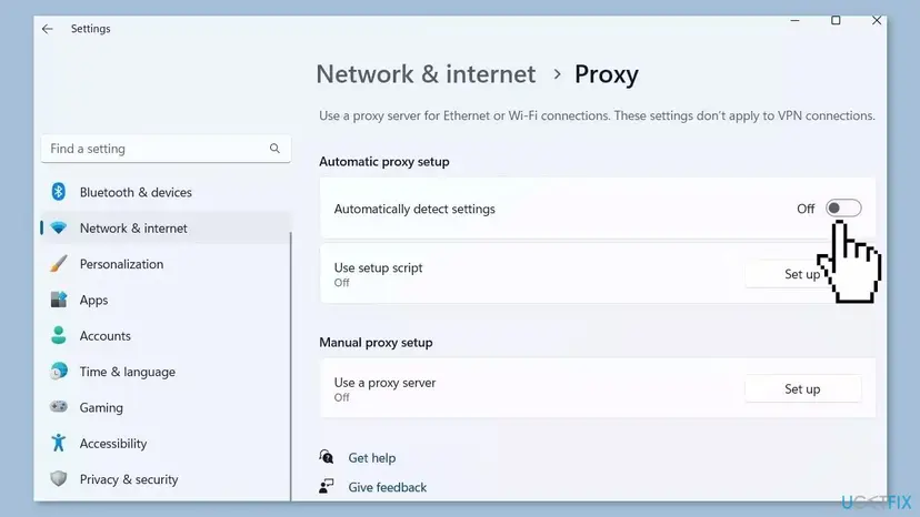 Windows 11 Settings, Network and internet, Proxy page with Automatically detect settings switched off, Use setup script off and Use a proxy server off
