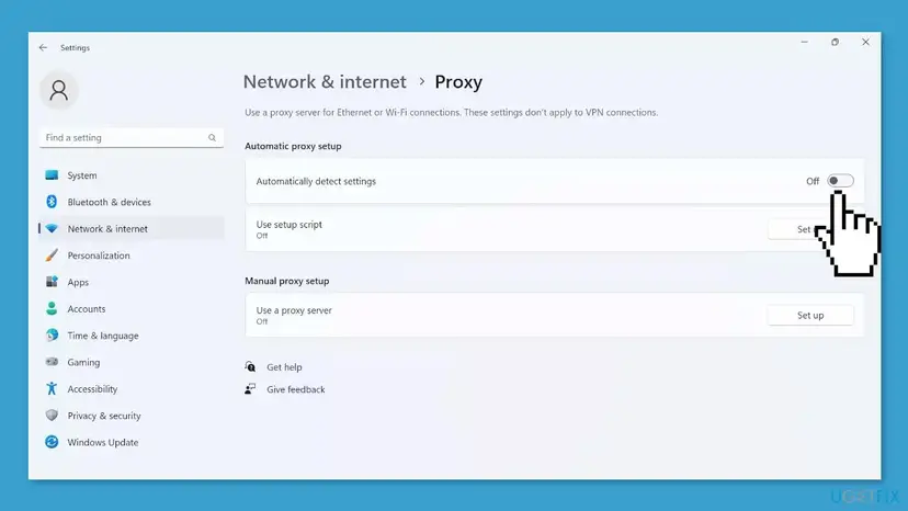 Windows 11 Settings, Network and internet, Proxy page with Automatically detect settings, Use setup script and Use a proxy server all turned off