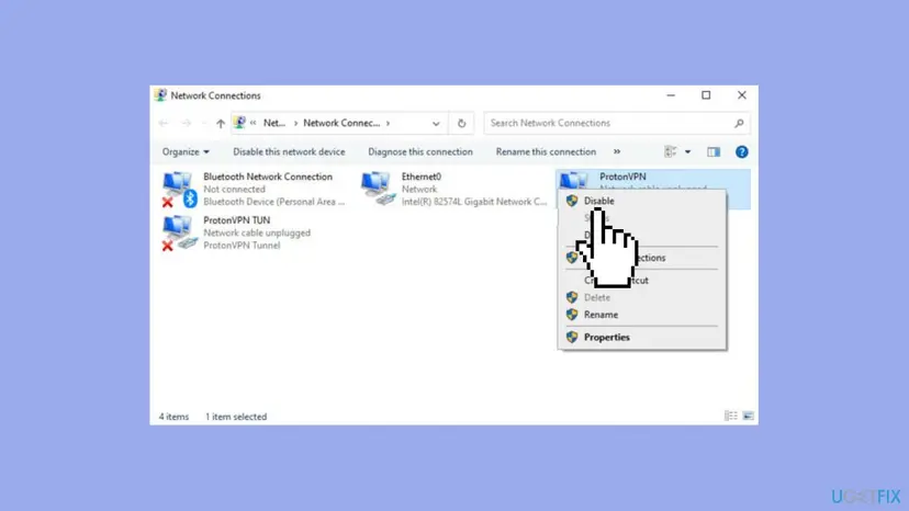 Network Connections window showing a context menu on a VPN adapter with the Disable item highlighted