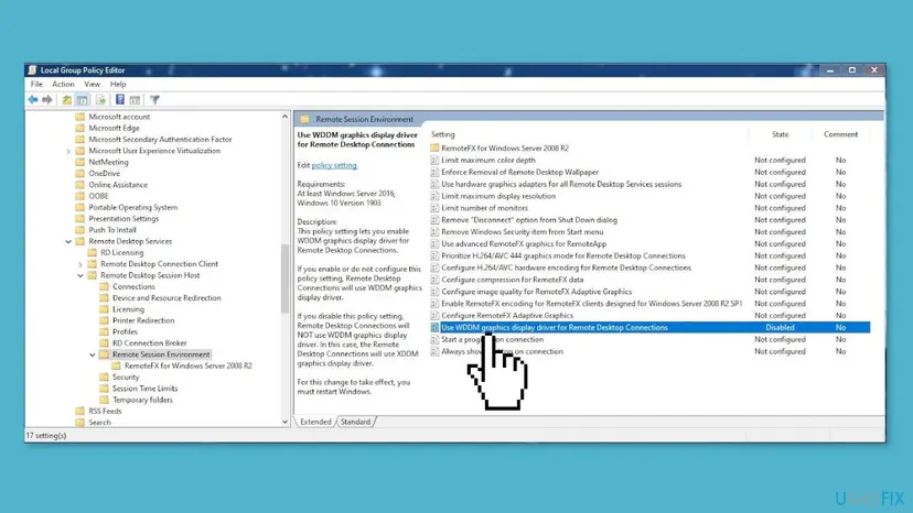 Local Group Policy Editor at Remote Session Environment with Use WDDM graphics display driver for Remote Desktop Connections set to Disabled