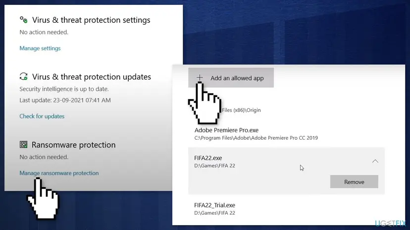 Windows Security Ransomware protection settings with Add an allowed app and FIFA22.exe in the allowed apps list