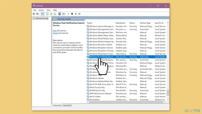 Windows 10 Services console with Windows Push Notifications System Service selected and its description about session 0 and the WNS server on the left